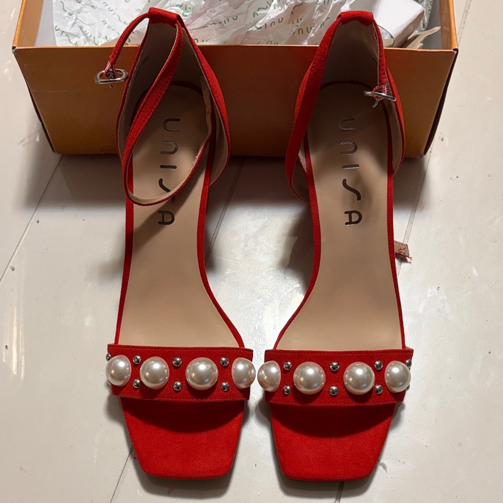 Unisa Red Pearl-Adorned Heels
